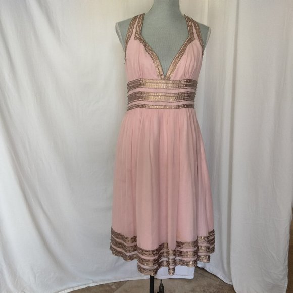 Adrianna Papell Dresses & Skirts - Vintage ADRIANNA PAPELL Silk Pink Blush Halter Dress 12 Sequin Sheer Embellished